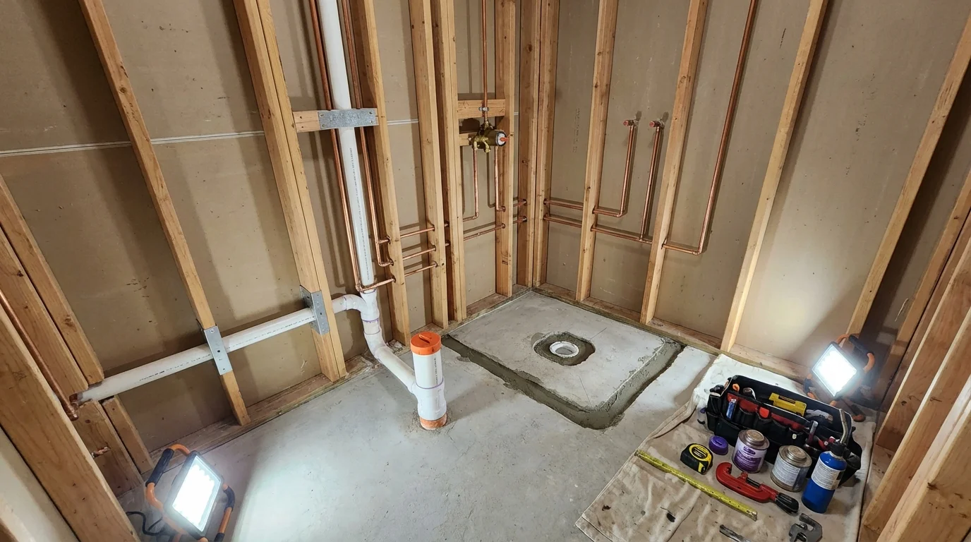 Bathroom rough-in plumbing during remodel by Johns Plumbing LLC in Sunnyside