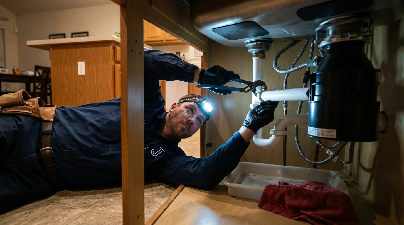 P-trap and supply line connections under a kitchen sink showing a common leak point in Sunnyside, WA